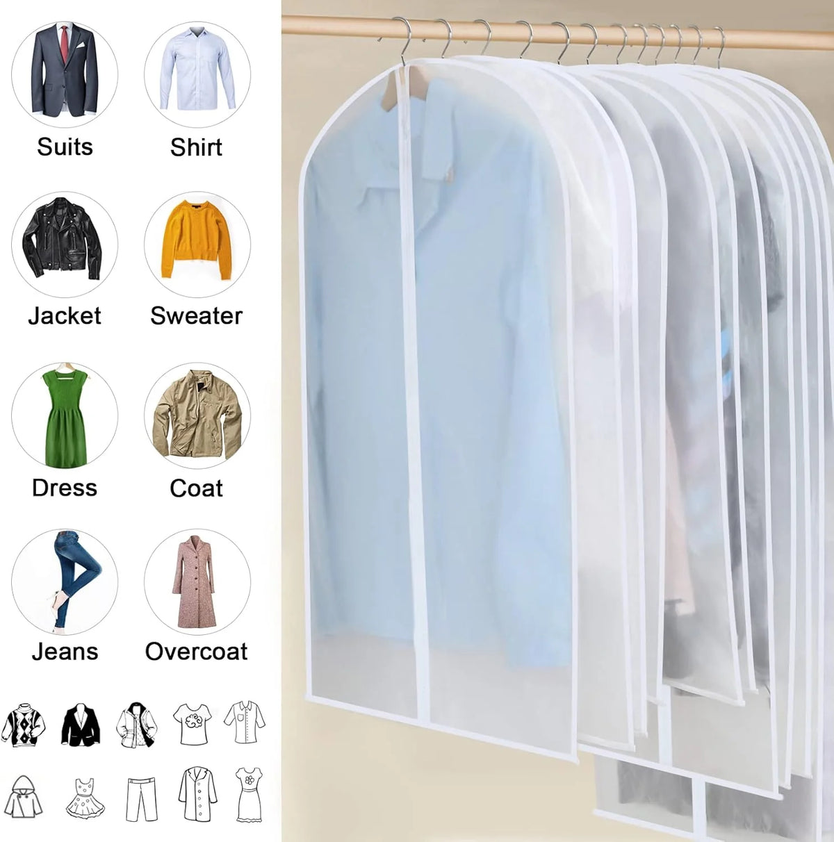 Hanging Garment Covers Full-Length Zipper Dust Protection 24-Pack