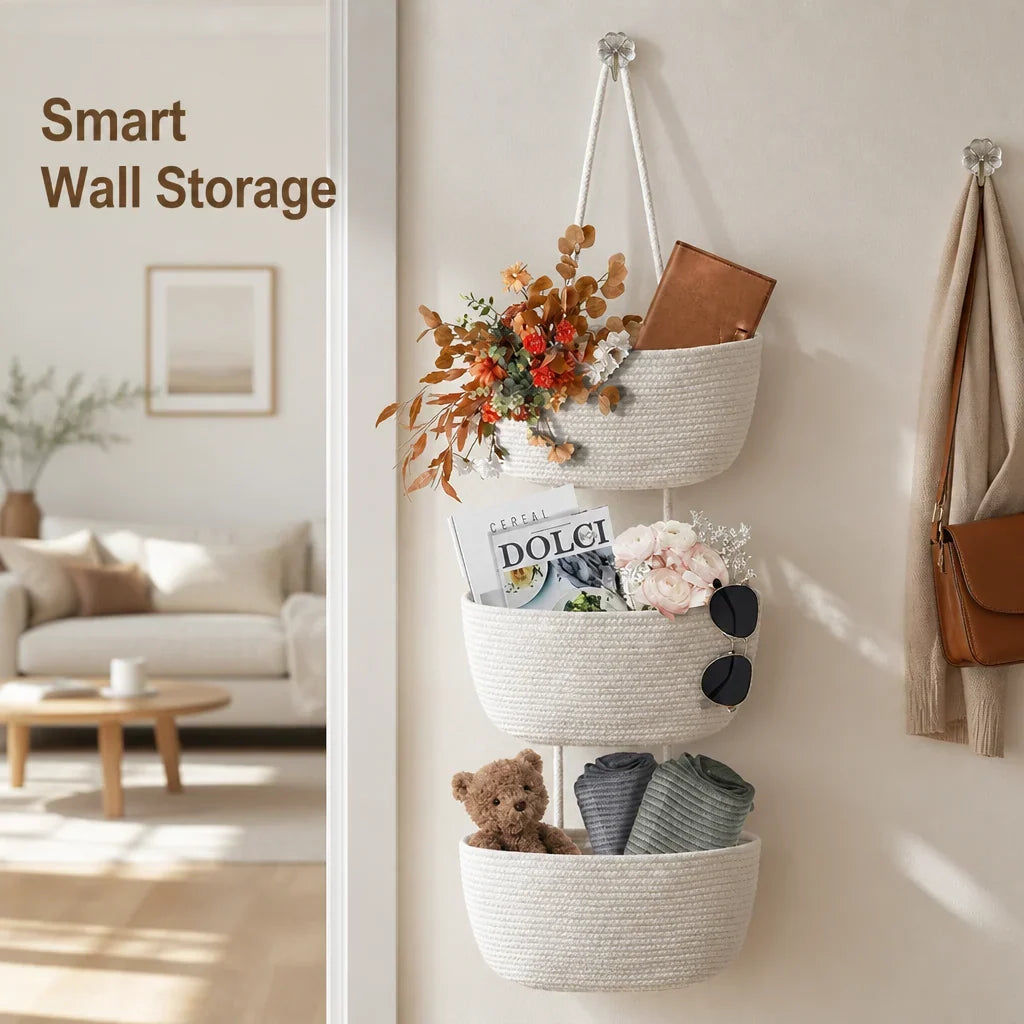Hanging Storage Basket 3-Tier Woven Cotton Space-Saving