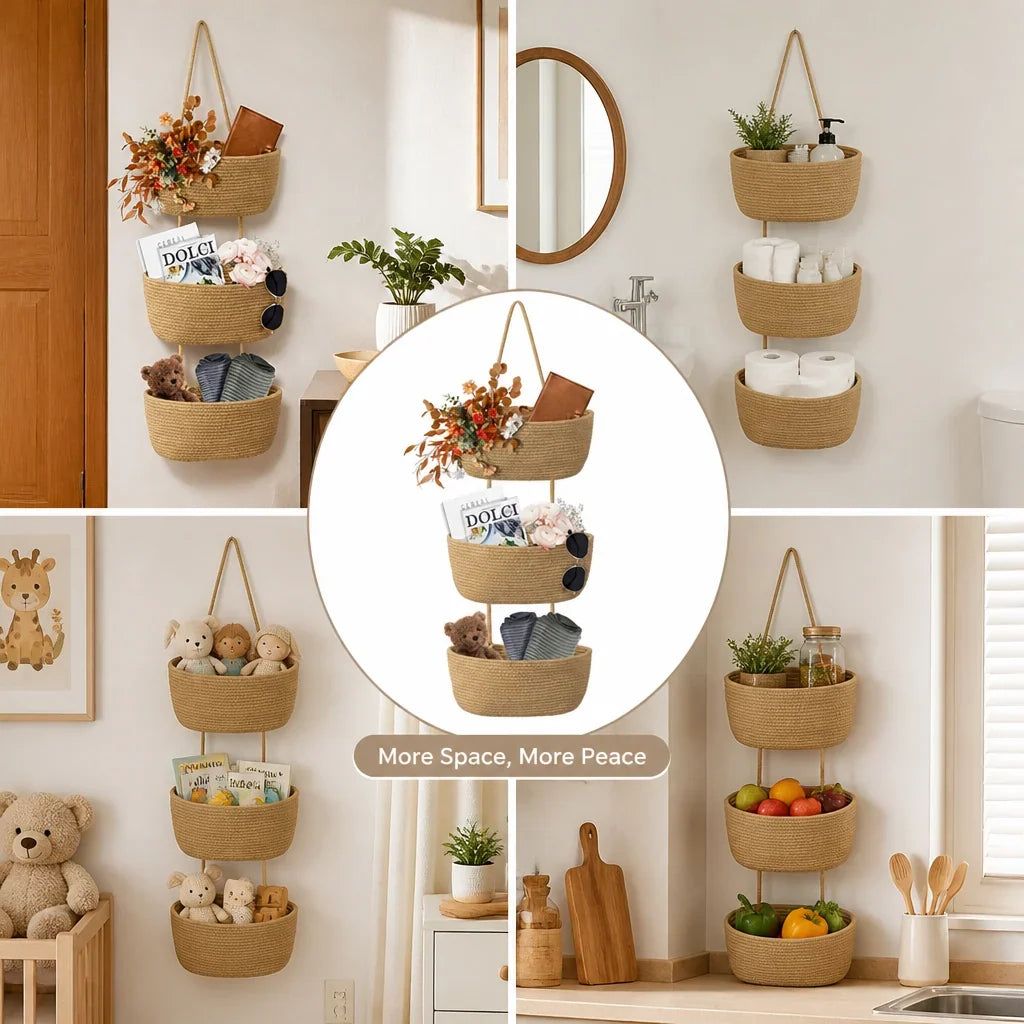 Hanging Storage Basket 3-Tier Woven Cotton Space-Saving