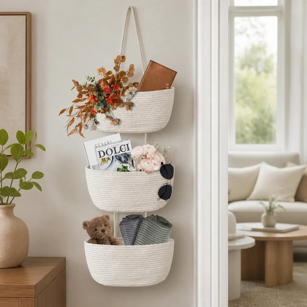 Hanging Storage Basket 3-Tier Woven Cotton Space-Saving