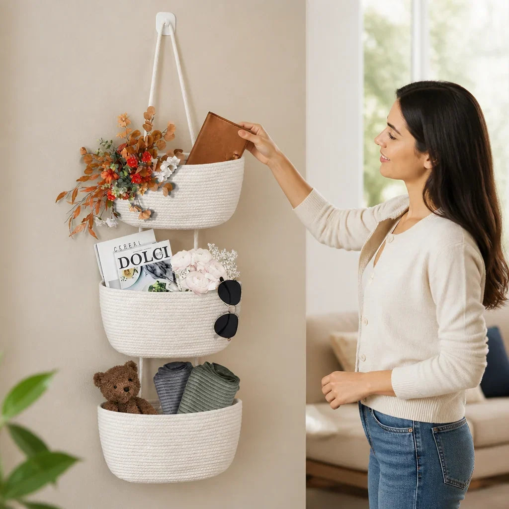 Hanging Storage Basket 3-Tier Woven Cotton Space-Saving