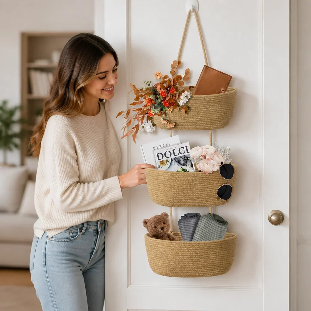 Hanging Storage Basket 3-Tier Woven Cotton Space-Saving