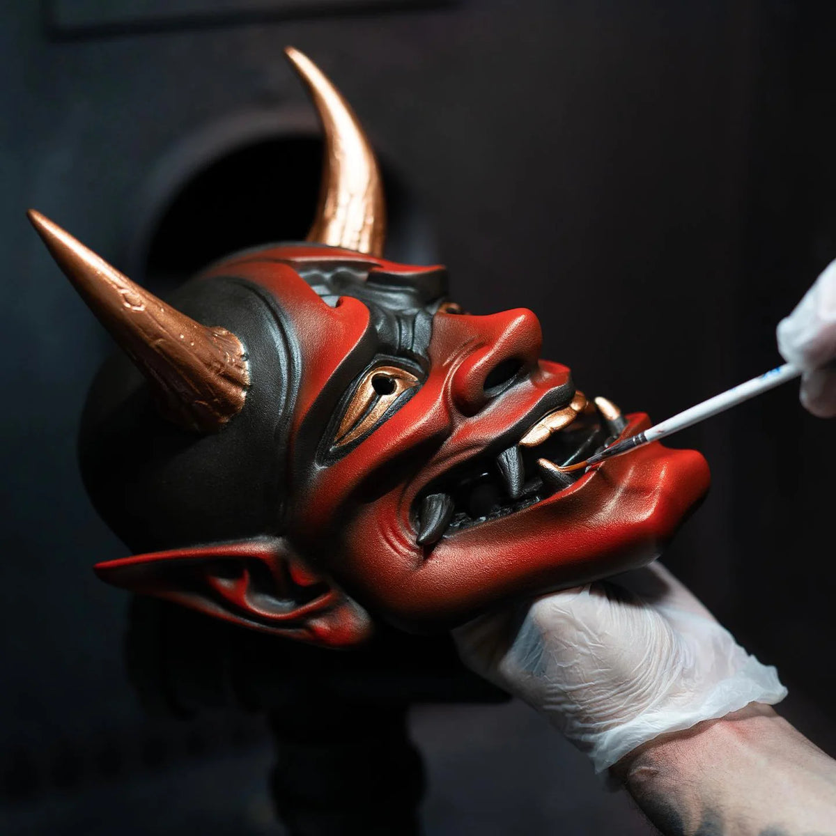 Hannya Mask Resin Red With Gold Accents