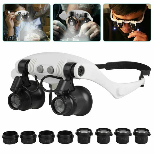 Headband Magnifier Interchangeable Lenses Dual LED Lights