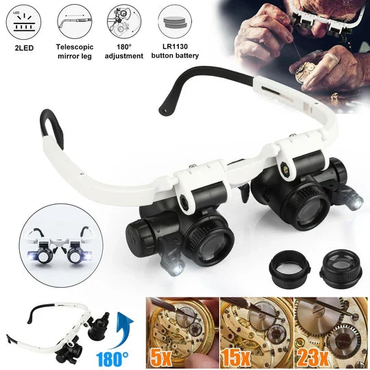 Headband Magnifier Interchangeable Lenses Dual LED Lights
