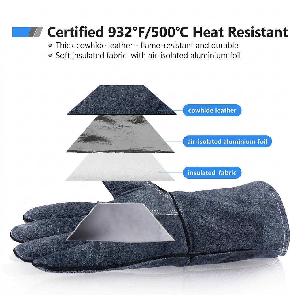 Heat-Resistant Gloves Cowhide Leather 16-Inch Cuffs 932°F Rated