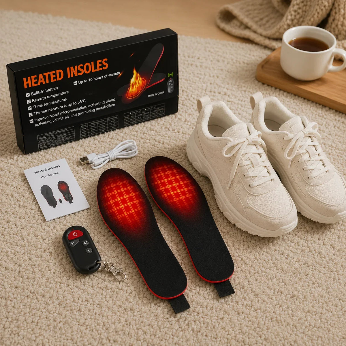 Heated Insoles Rechargeable Wireless Remote Adjustable Heat Settings