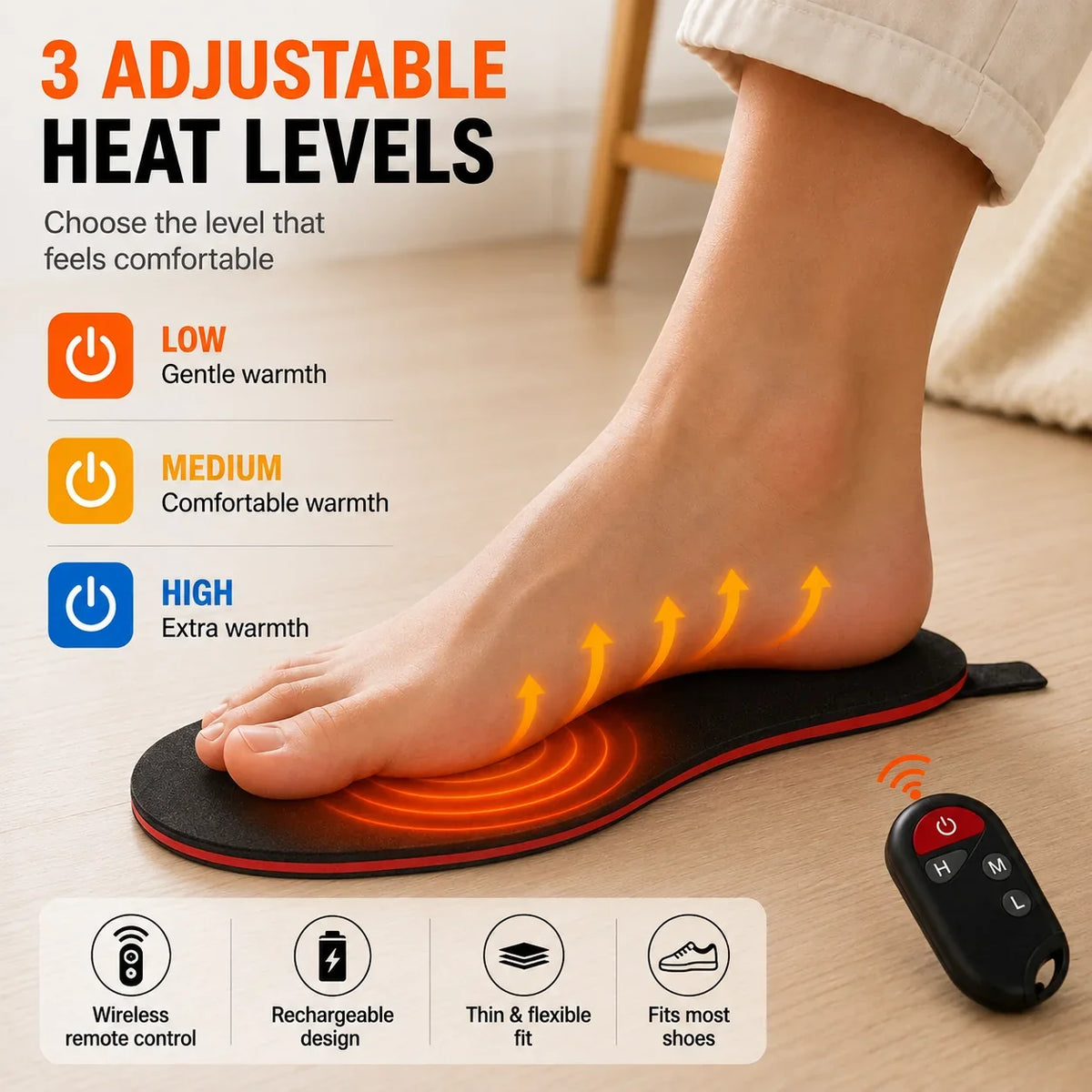 Heated Insoles Rechargeable Wireless Remote Adjustable Heat Settings