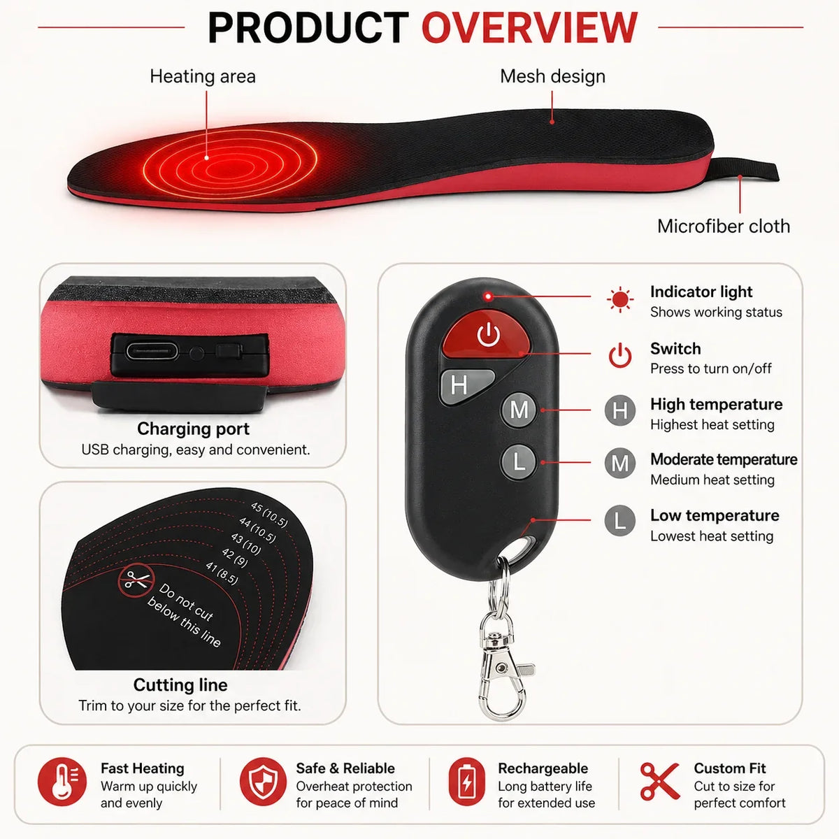 Heated Insoles Rechargeable Wireless Remote Adjustable Heat Settings