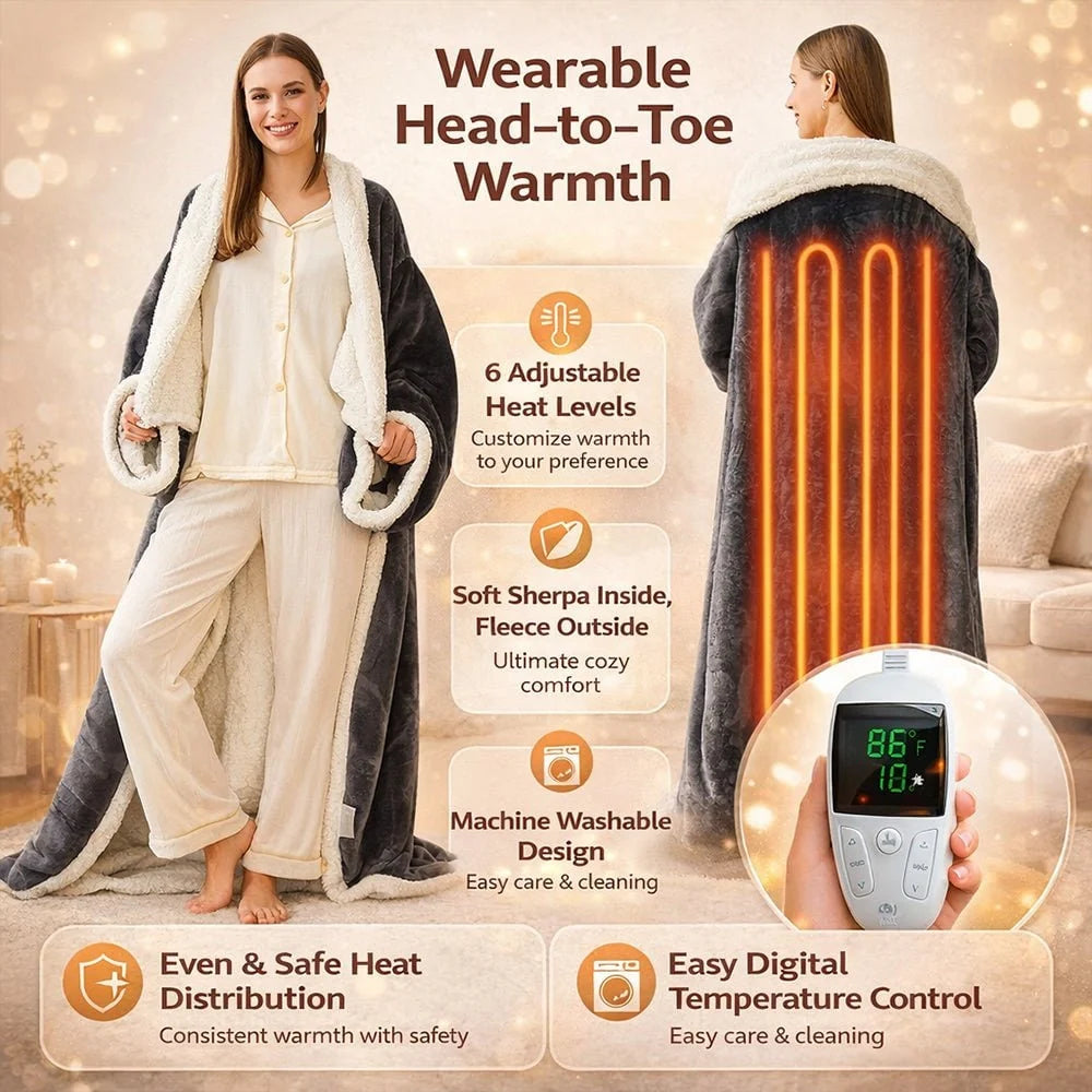 Heated Wearable Blanket With Sleeves & Foot Pocket