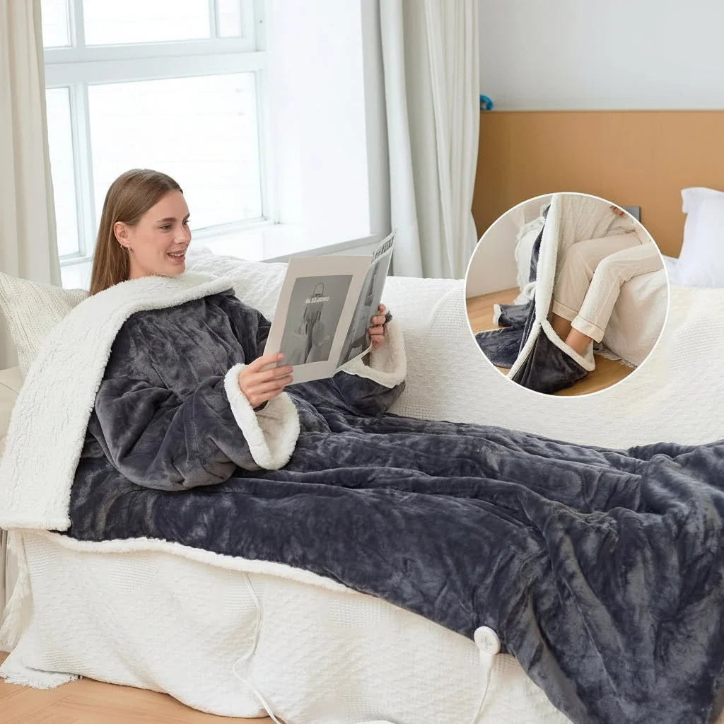 Heated Wearable Blanket With Sleeves & Foot Pocket