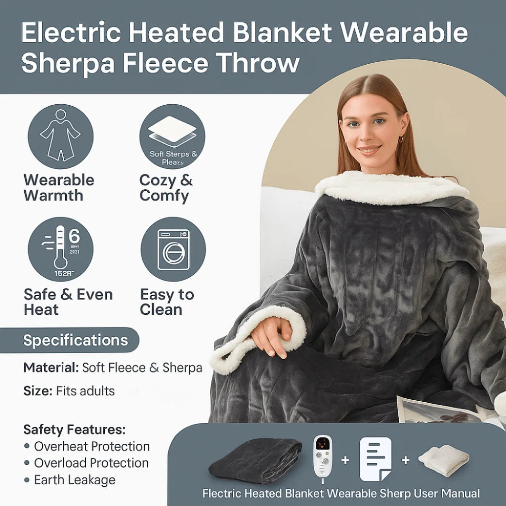 Heated Wearable Blanket With Sleeves & Foot Pocket