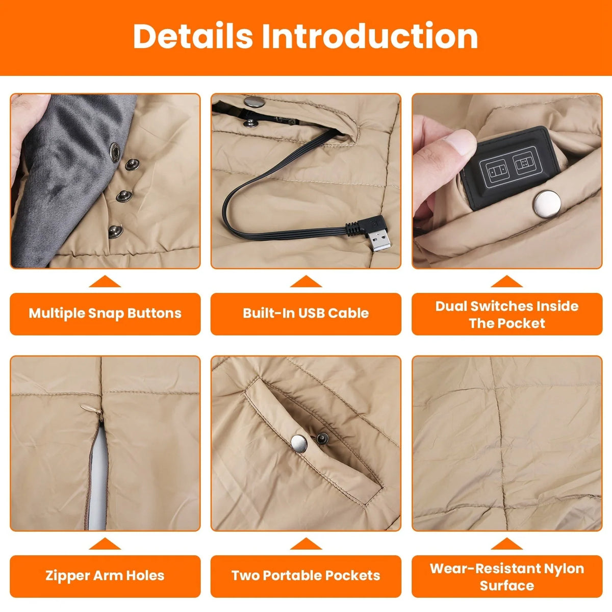 Heated Wrap Blanket USB-Powered Six-Zone Machine-Washable
