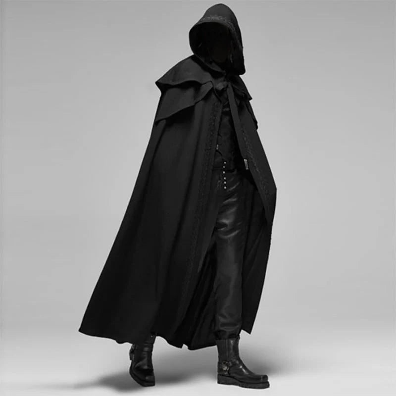 Hooded Costume Cloak Floor-Length Double-Layer Capelet with Decorative Trim