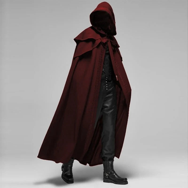 Hooded Costume Cloak Floor-Length Double-Layer Capelet with Decorative Trim