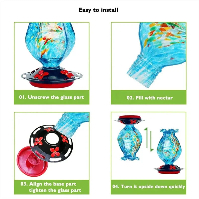 Hummingbird Feeder Blue Glass Bee-Proof Ports & Ant Moat