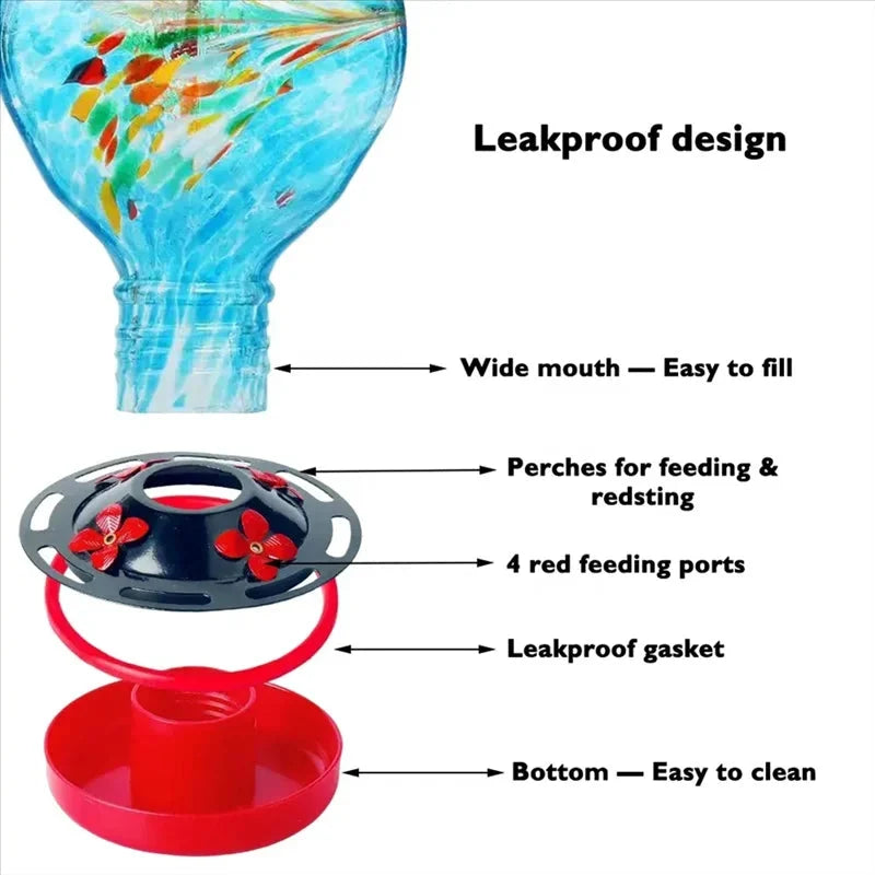 Hummingbird Feeder Blue Glass Bee-Proof Ports & Ant Moat