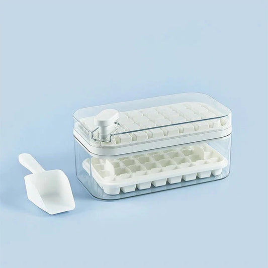 Ice Cube Tray Set Push-Release Storage Compartment & Scoop, 2 Trays