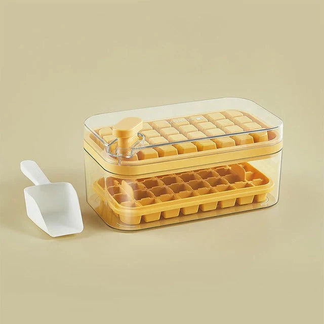 Ice Cube Tray Set Push-Release Storage Compartment & Scoop, 2 Trays