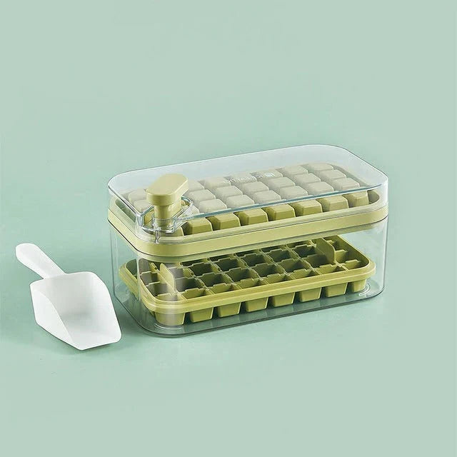Ice Cube Tray Set Push-Release Storage Compartment & Scoop, 2 Trays