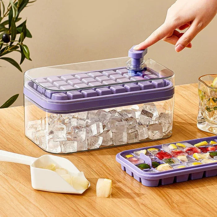 Ice Cube Tray Set Push-Release Storage Compartment & Scoop, 2 Trays