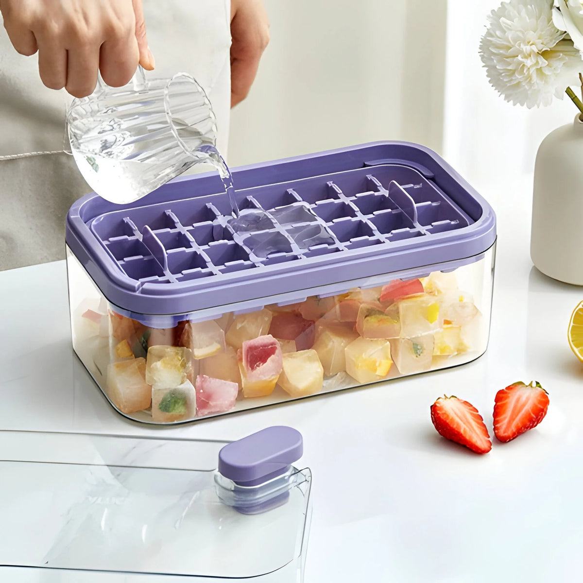 Ice Cube Tray Set Push-Release Storage Compartment & Scoop, 2 Trays