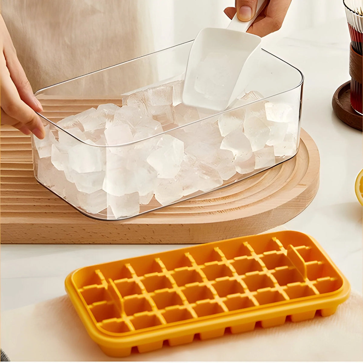Ice Cube Tray Set Push-Release Storage Compartment & Scoop, 2 Trays