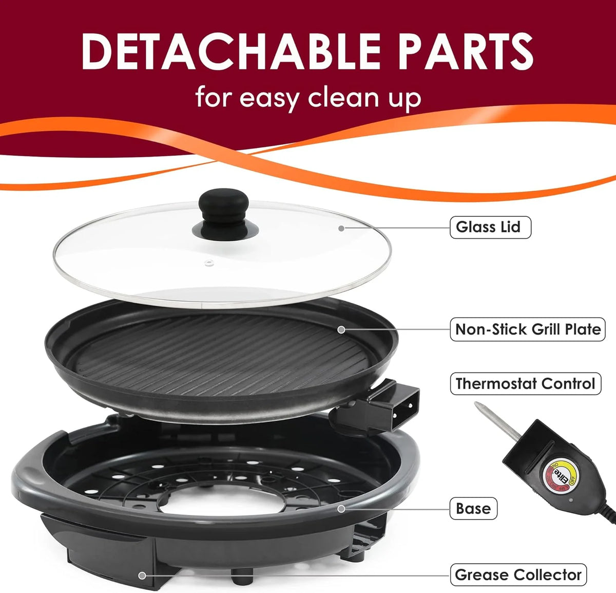 Indoor Electric Grill 14-Inch Nonstick Dishwasher-Safe Parts
