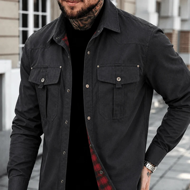 Jacket Lightweight Button-Up Plaid Lining Functional Pockets