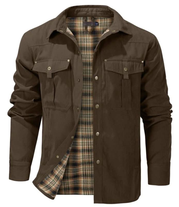 Jacket Lightweight Button-Up Plaid Lining Functional Pockets