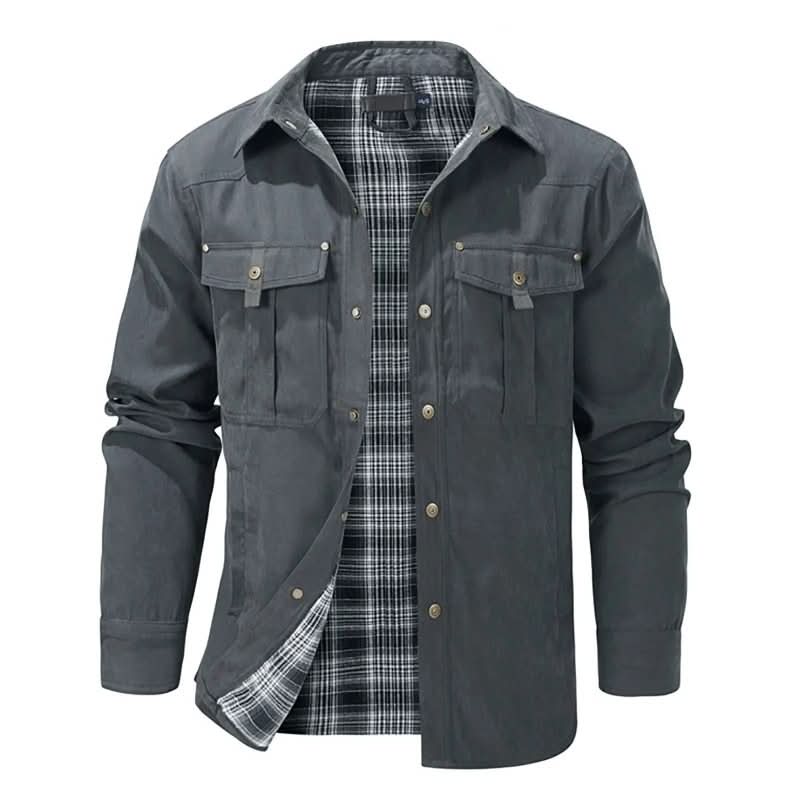 Jacket Lightweight Button-Up Plaid Lining Functional Pockets