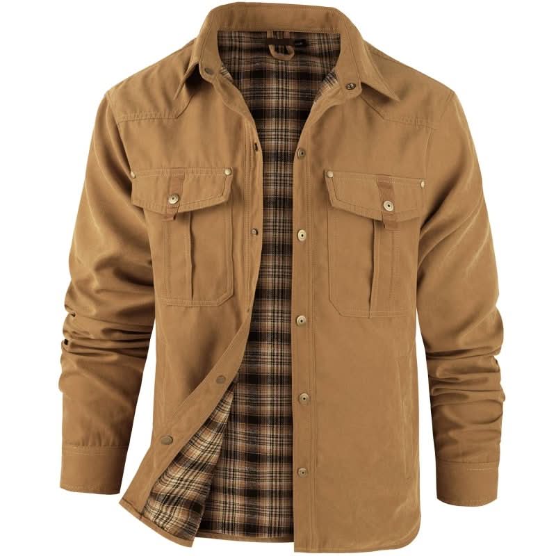 Jacket Lightweight Button-Up Plaid Lining Functional Pockets