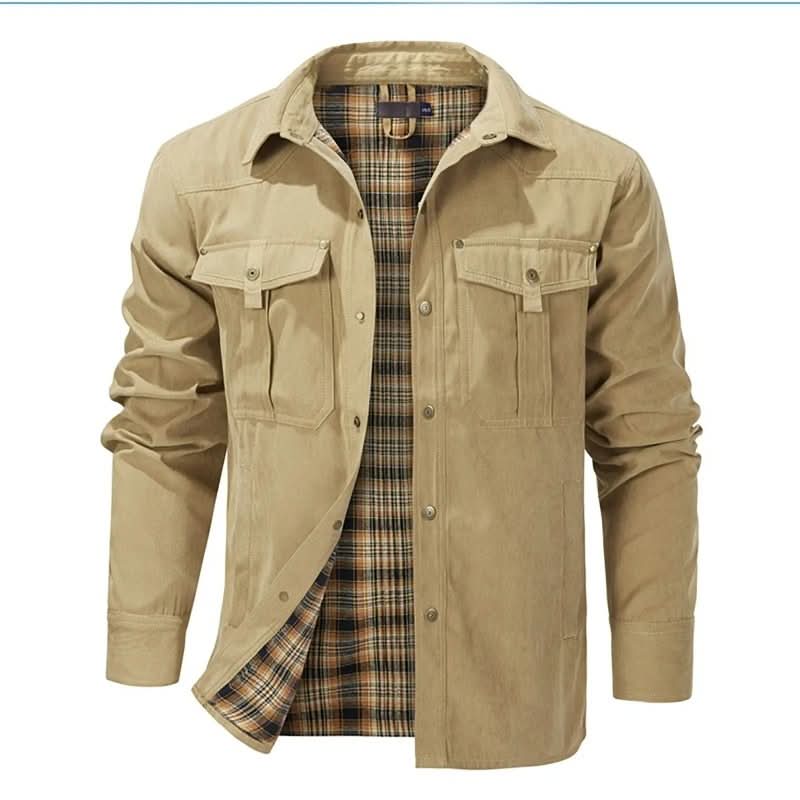 Jacket Lightweight Button-Up Plaid Lining Functional Pockets