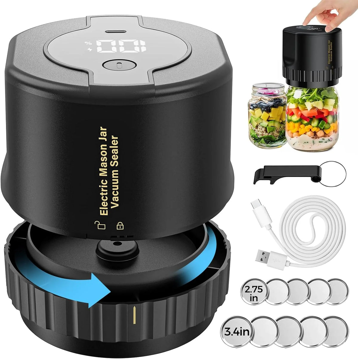 Jar Vacuum Sealer One-Touch Cordless Fits 3.4 Inch Jars