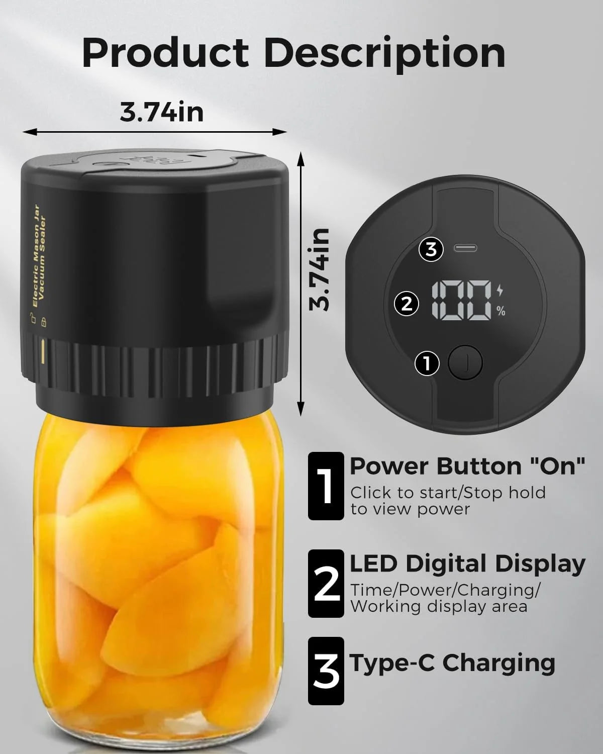 Jar Vacuum Sealer One-Touch Cordless Fits 3.4 Inch Jars