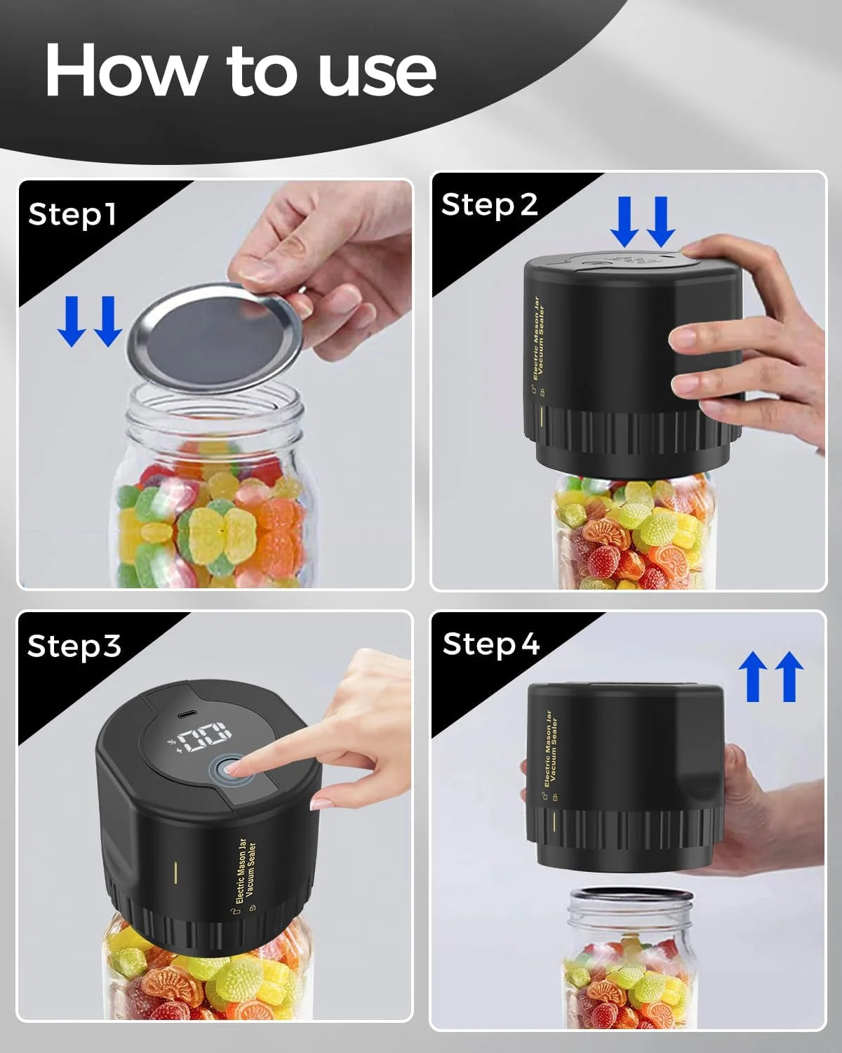 Jar Vacuum Sealer One-Touch Cordless Fits 3.4 Inch Jars