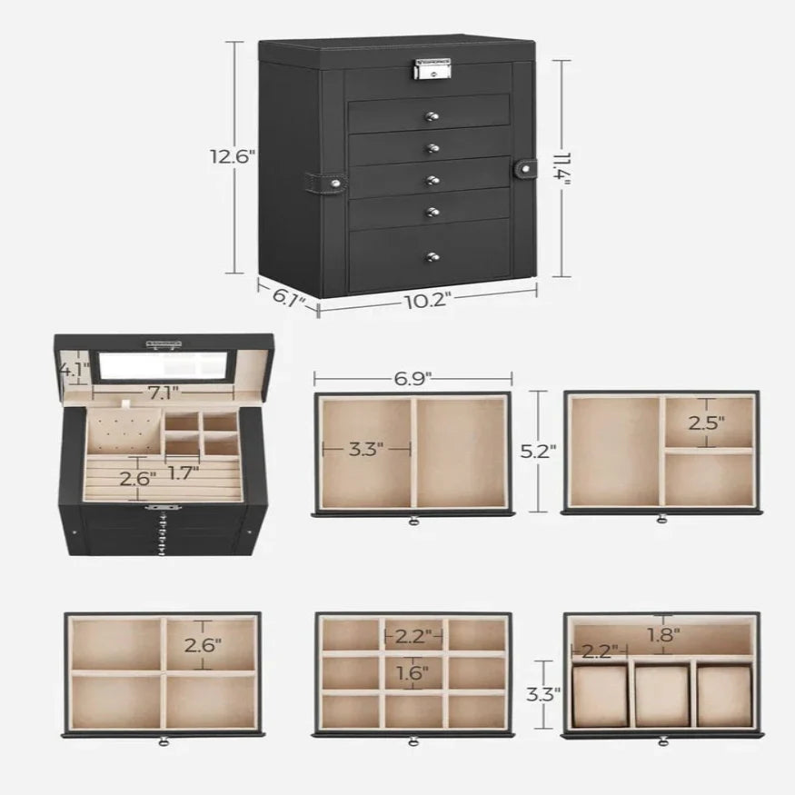 Jewelry Box Six-Tier Velvet-Lined With Mirror & Locking Closure
