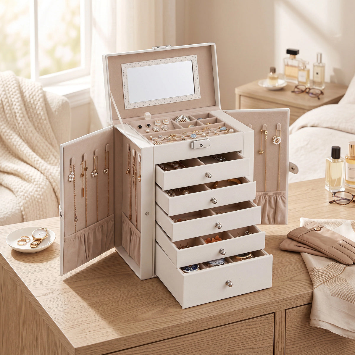 Jewelry Box Six-Tier Velvet-Lined With Mirror & Locking Closure