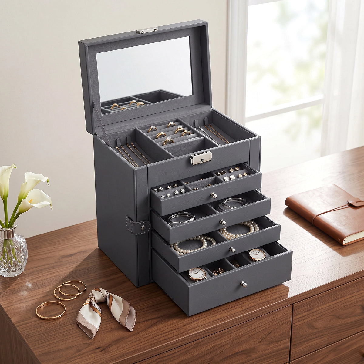 Jewelry Box Six-Tier Velvet-Lined With Mirror & Locking Closure