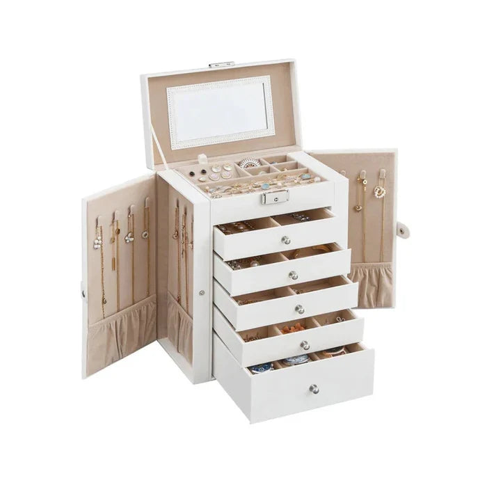 Jewelry Box Six-Tier Velvet-Lined With Mirror & Locking Closure