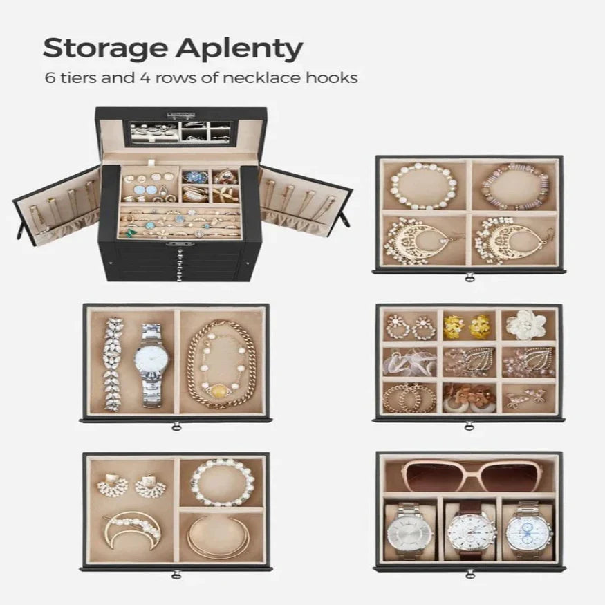 Jewelry Box Six-Tier Velvet-Lined With Mirror & Locking Closure