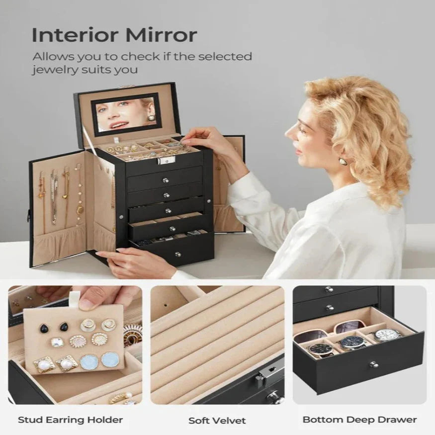 Jewelry Box Six-Tier Velvet-Lined With Mirror & Locking Closure