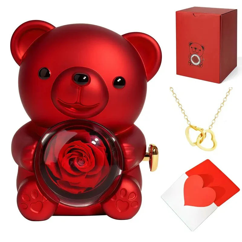 Jewelry Set Rose Bear Heart Ring & Flower Necklace