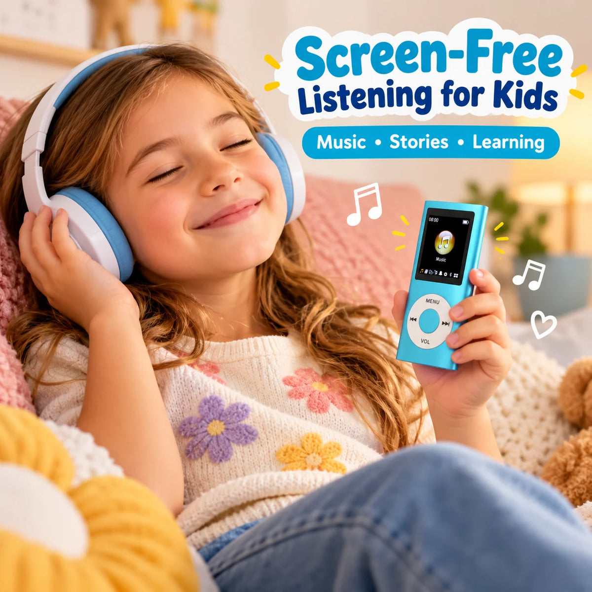 Kids Audio Player Phone-Free Earphones Included 64GB Card Support