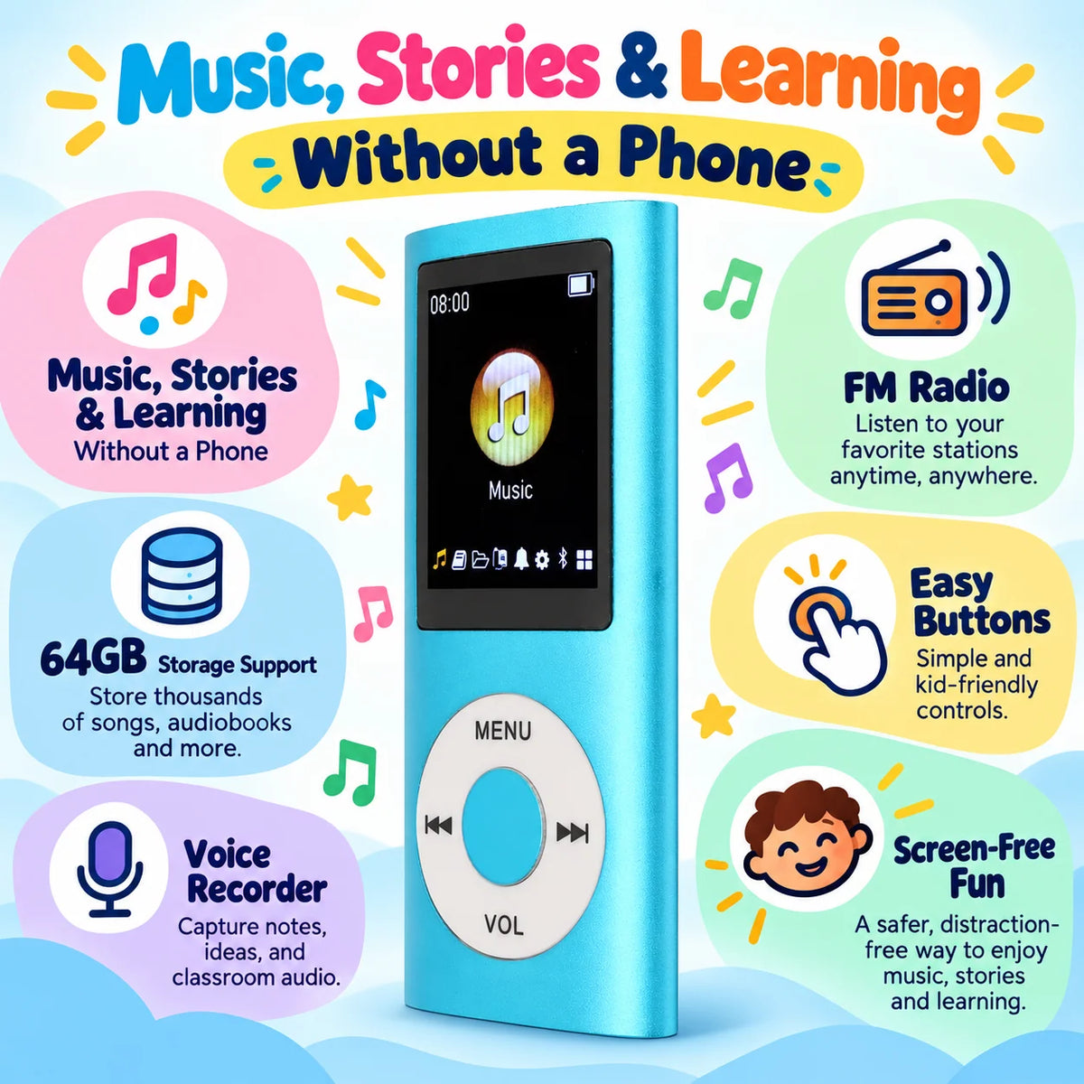Kids Audio Player Phone-Free Earphones Included 64GB Card Support