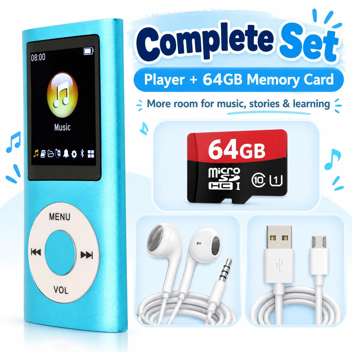Kids Audio Player Phone-Free Earphones Included 64GB Card Support