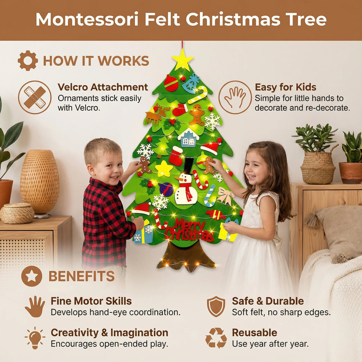 Kids Felt Christmas Tree Removable Ornaments Wall Hanging