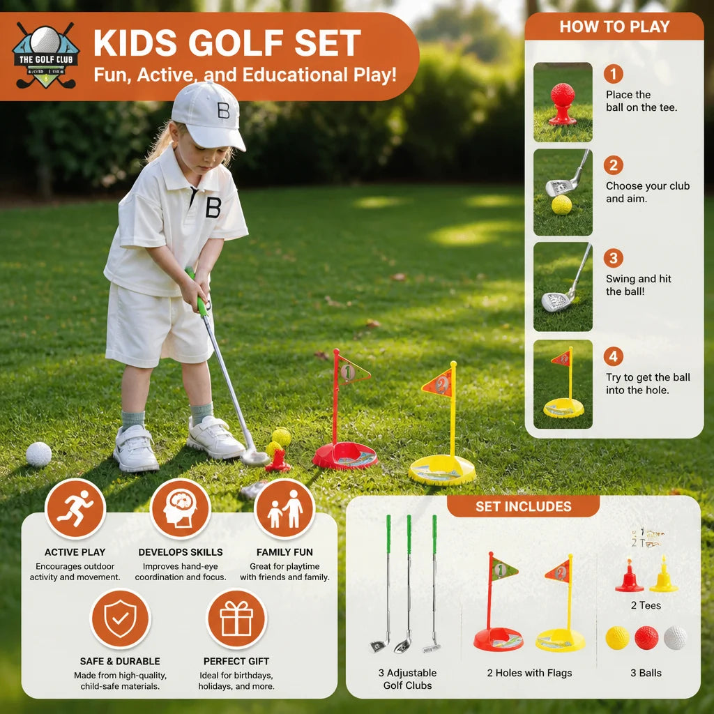 Kids Golf Set Adjustable Clubs With Flags & Balls
