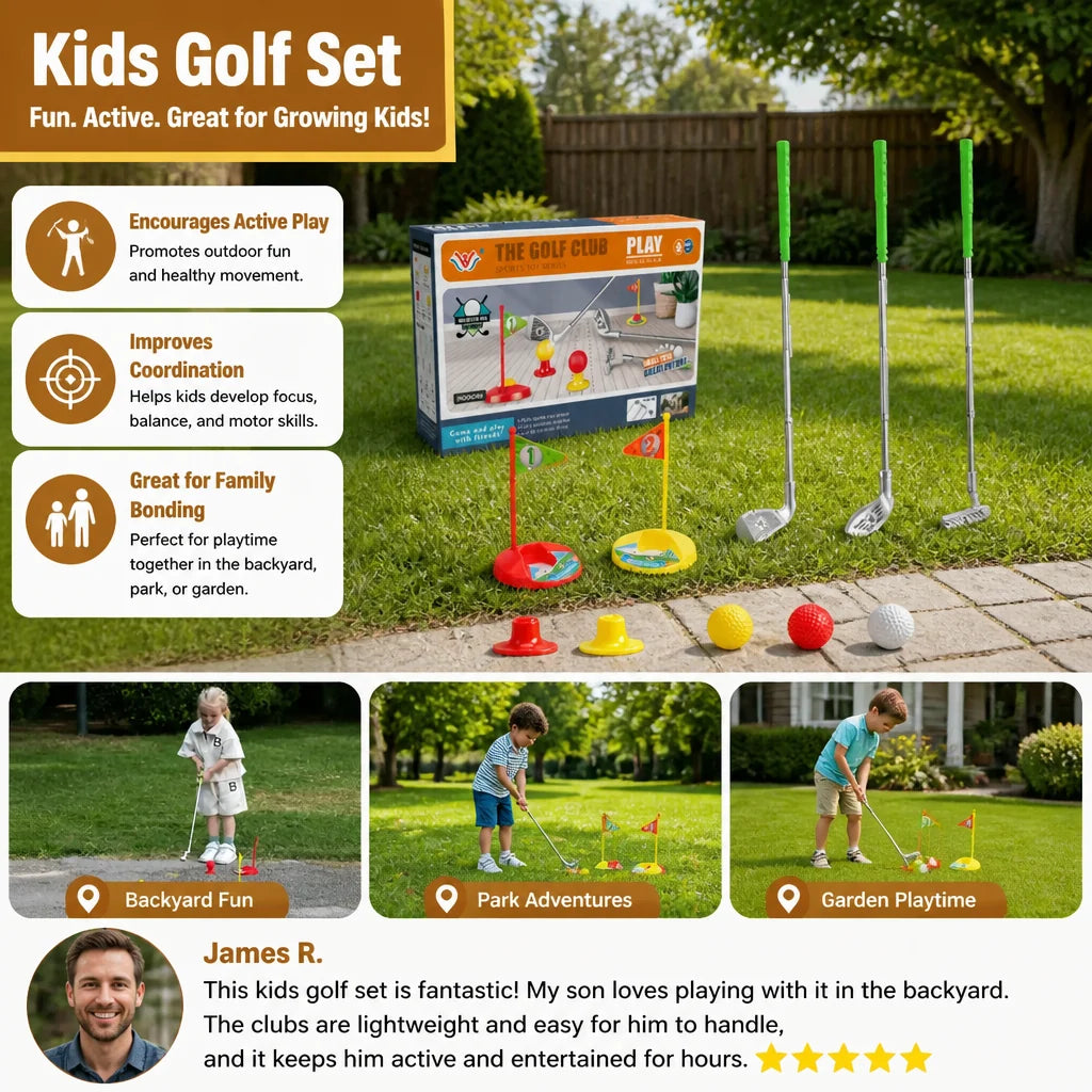 Kids Golf Set Adjustable Clubs With Flags & Balls