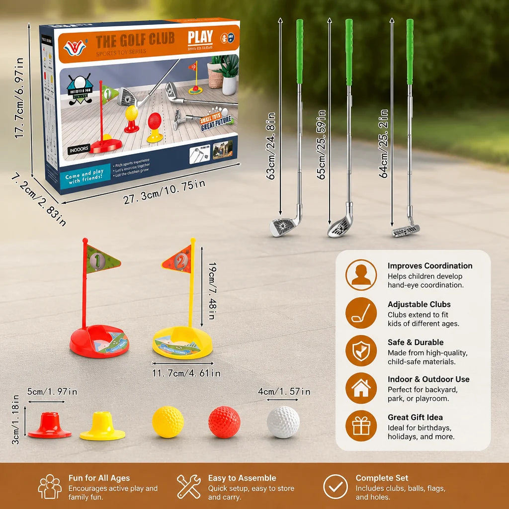 Kids Golf Set Adjustable Clubs With Flags & Balls